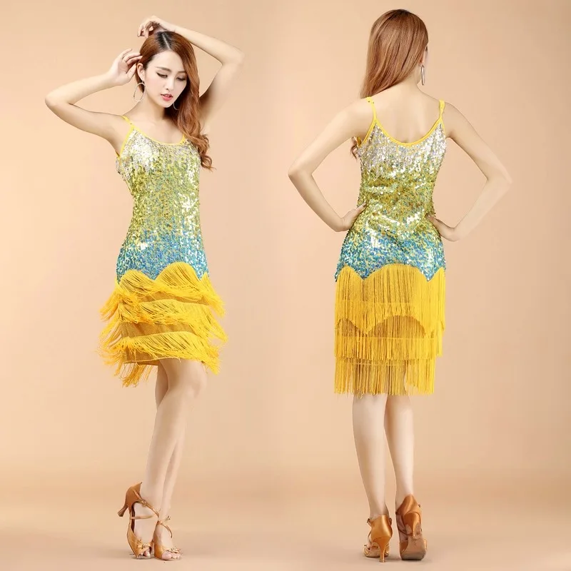 Женское платье с блестками для взрослых, костюмы для латинских танцев, сексуальное платье с бахромой для латинских танцев, платье для танго и самбы, юбки - Цвет: Цвет: желтый