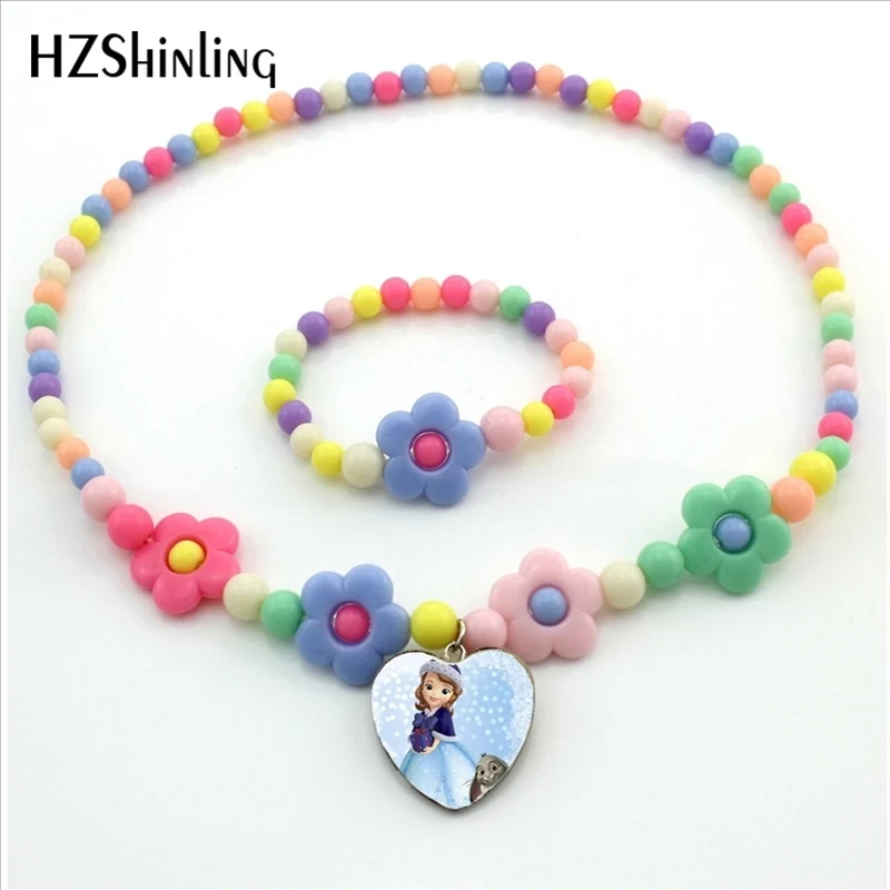 

HZShinling Sofia the First Heart Pendant Necklace Handmade Glass Cabochon Sofia Princess Flower Bead Jewelry for Children