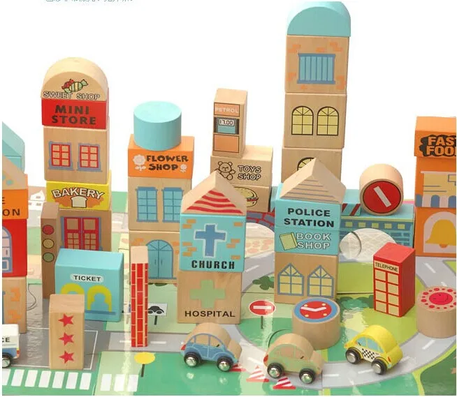 Urban road blocks attached scenes jigsaw wooden toy building blocks