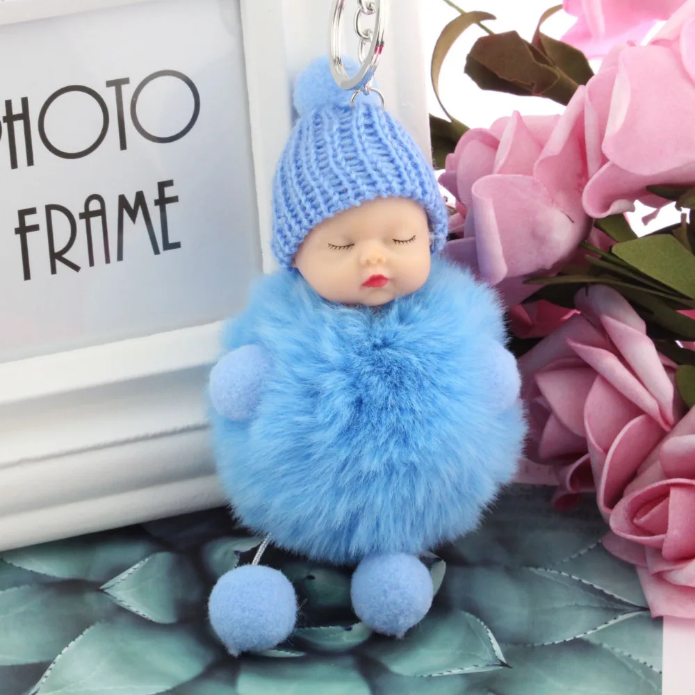 

PINXIU Sleeping Baby Foot Doll Pompom Fake Rabbit Fur Ball Keychain Car Keyring Women Key Holder Bag Charm Jewelry YSK40