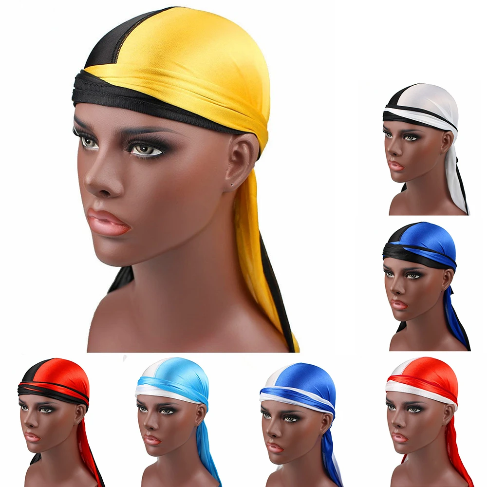 

New Fashion Unisex Men Women Satin Durags Bandanna Turban Wigs Men Silky Durag Headwear Headband Pirate Hat Hair Accessories