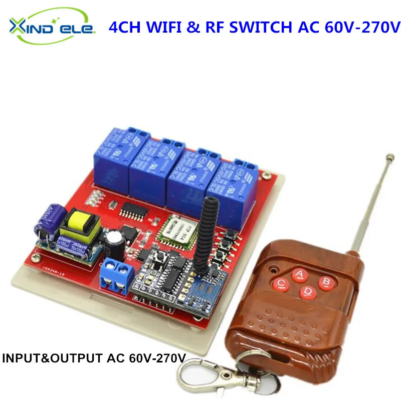 

AC 110V WIFI Switch Relay 4CH 220V 250V Output Module Control by APP RF 433mhz Wireless Remote Light switch for Home Smart