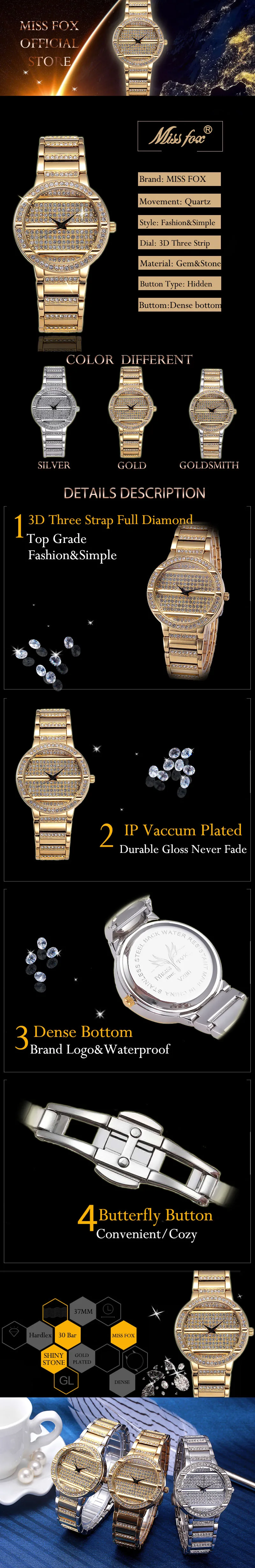 Women Watches Luxury Brand Miss Fox Gold Full Diamond 37mm Watch Gem Cut Geometry Crystal Steel Timepiece Casual Cloth Decorator (1)