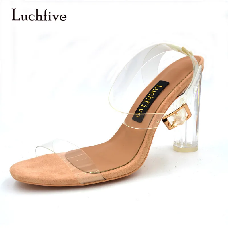 

Luchfive Kim Kardashian Clear PVC Transparent Sandals Crystal Chunky Heel Ankle Strap Gladiator Sandals Women