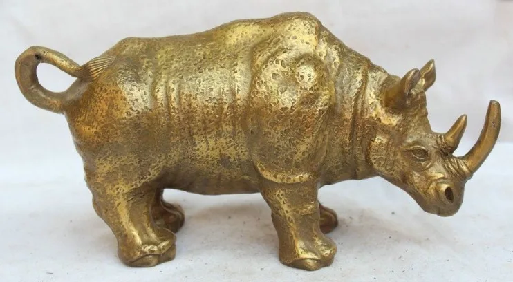 

10" Chinese Dynasty palace animal Pure Bras carved luck rhinoceros Ox Statue Q
