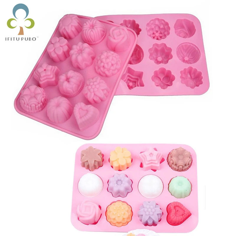

1pc 12 Holes Flower Cake Mold 3D Fondant Candle Cupcake Chocolate Mold DIY Different Flowers Shape Muffin Cake Silicone MouldRQX