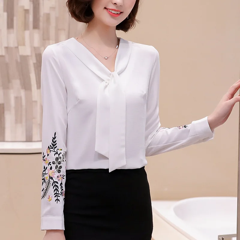 Retro Embroidered Chiffon Blouse Women Long Sleeves V-neck Loose Thin Shirt Spring Autumn Office Ladies Plus Size Tops H9050 3