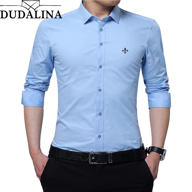 DUDALINA التطريز الرجال الملابس الصلبة ملابس رجالي تلائم الرجل النحيف طويل كم قميص عارضة الرجال قميص الاجتماعي 60% البوليستر الألياف 40% القطن