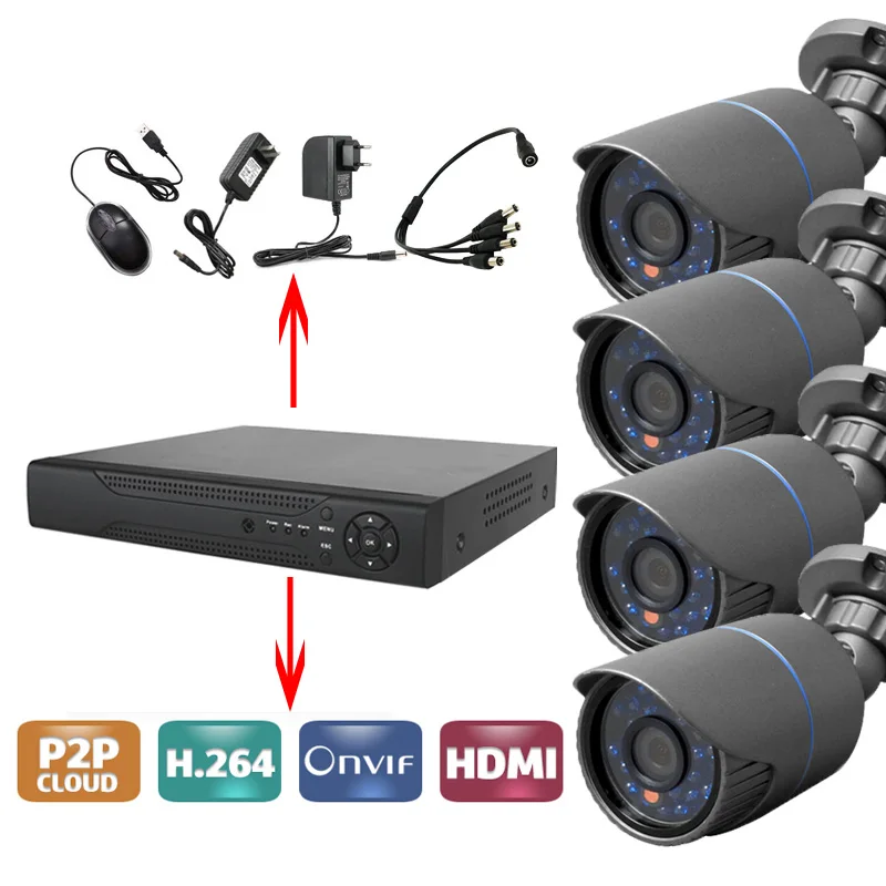 Система видеонаблюдения 4CH AHD DVR с 4 ИК наружными цилиндрическими камерами 720p 24