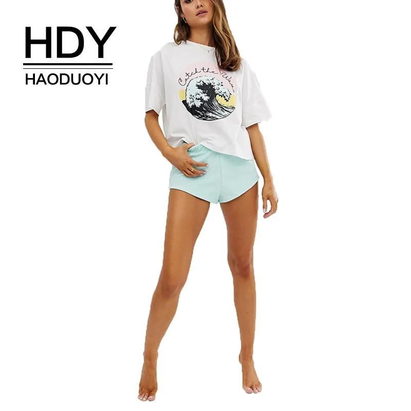 

HDY Haoduoyi 2019 Simple Wind Western Style Creative Round Wave Print Round Neck Tops Loose Short Sleeve Summer Women T-shirt