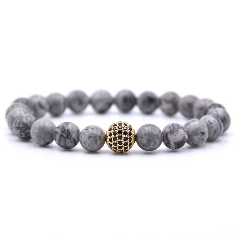 

RIEEW Charm CZ Ball Round Metal with Natural Map Stone Strand Beaded Bracelets For Men Women Lucky Lovers Energy Balance Bangle