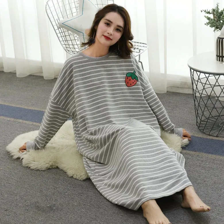 

2019 Spring Autumn Women Nightdress Long Sleeve Nightshirt Plus Size Dress Loose Home Striped Nightgowns