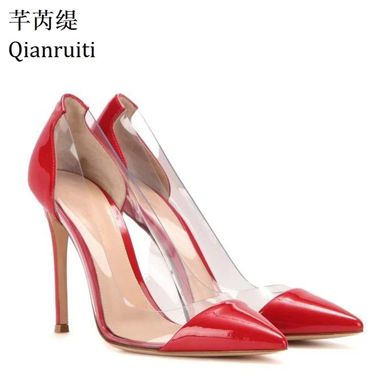 

Qianruiti Nude Gold Red Patent Leather Women Pumps Plexiglass Clear PVC High Heels Shoes Pointed Toe Stiletto Heels Party Shoes