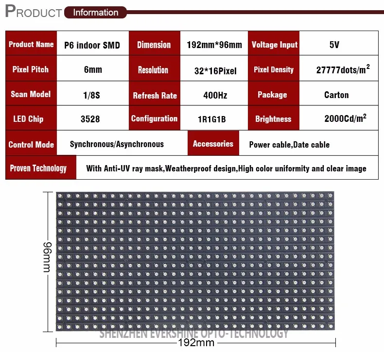 Alibaba Китай cn Крытый p6 полноцветный светодио дный модуль 32x16pixes smd3528 Размер 192 х 96 мм