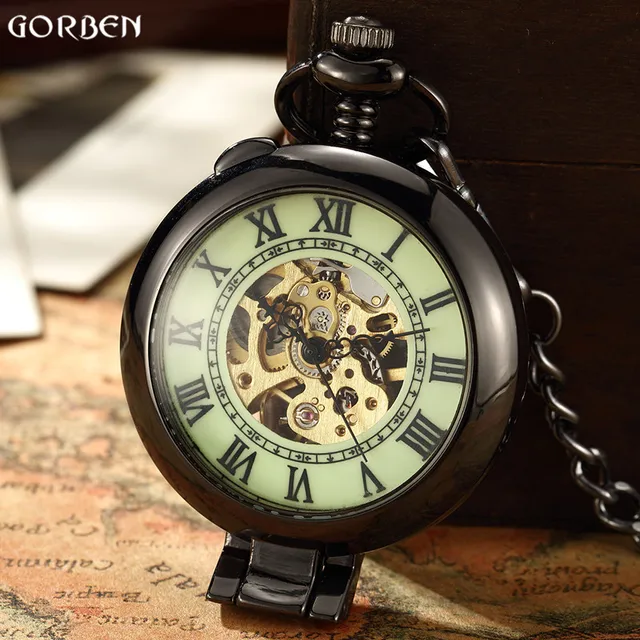 Unique Retro Transparent Men Pocket Watch Black Silver Steel Watch FOB Chain Qua Unique Retro Transparent Men Pocket Watch Black Silver Steel Watch FOB Chain Qua