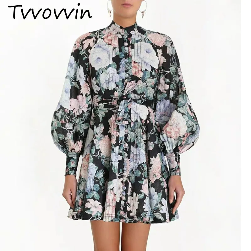 

2019 New Autumn And Winter Fashion Stand Collar Lantern Sleeves Printed Hgih Waist Belts Mini Length Dress Dresses C343
