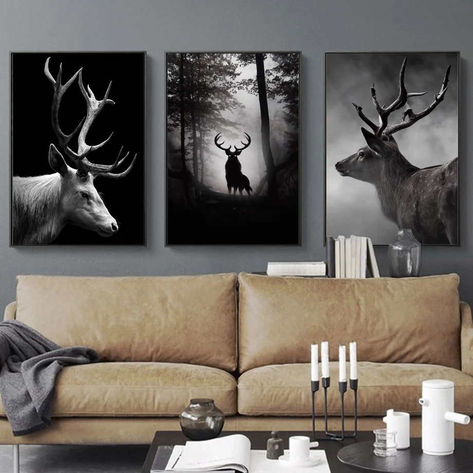 Черно-белый олень, олень, лесной пейзаж, настенная живопись на холсте, скандинавские плакаты и принты, настенные картины для декора гостиной
