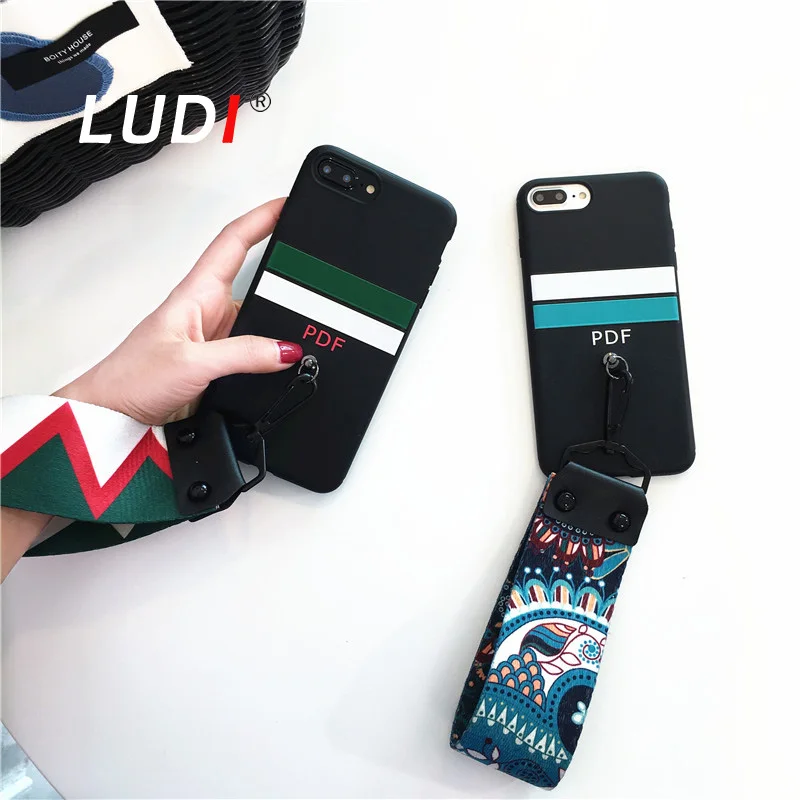 

LUDI Korea National Embroidery Widen Wrist Strap Case For iPhone X 8 7 7plus Soft TPU hipster back cover For iPhone 6 8Plus