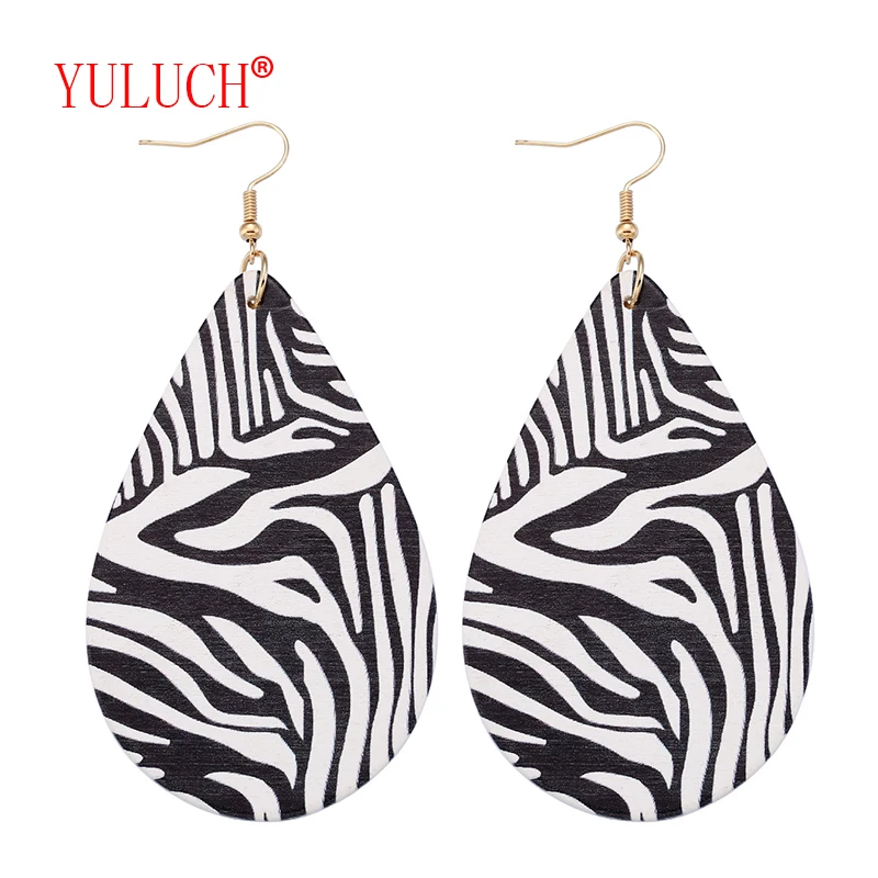 

YULUCH Popular design women's jewelry accessories for natural African wooden painted zebra pattern drop pendant earrings gift