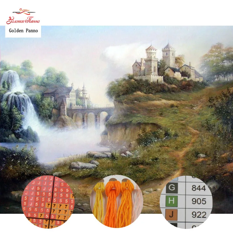 

Golden Panno Needlework DIY DMC 14CT 11CT printed Cross stitch Embroidery kits tower white canvas Counted 14