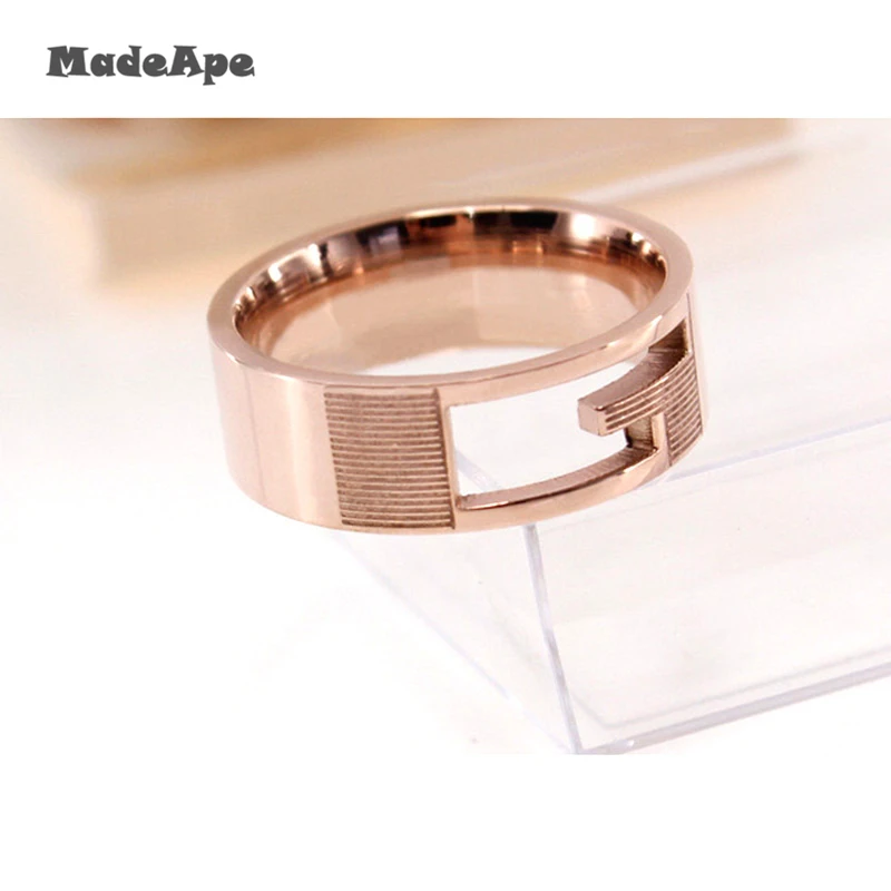 MadApe Trendy Women Hollow Rings 316L Stainless Steel Couple Ring Rose Gold Color 7mm Width For Women Men Wedding Rings