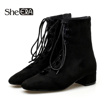 

Size 40 Spring Autumn Ankle Boots For Women Mid Square Heels Boots Female Lace Up Shoes Woman Short Boot Botas Feminino