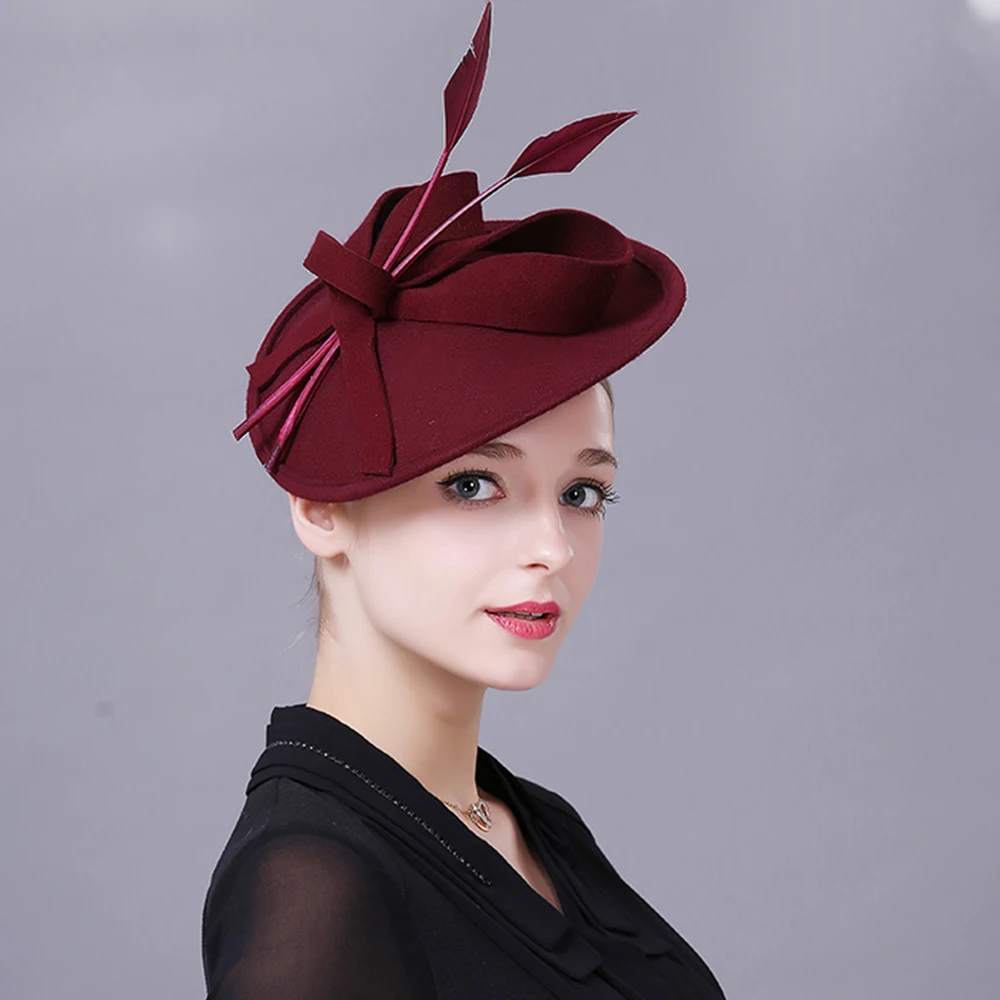 

Fedoras Hat Red Fascinator For Women Elegant Church Wool Headpiece Wedding Fashion Headwear Lady Party Formal Hair Accessories