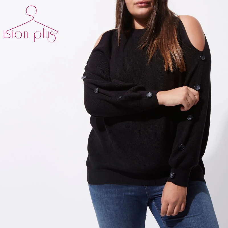 

Off Shoulder Back Hollow Out Sweater Women Oversized 2017 Autumn Black Sleeve Button Sweaters Big Sizes O-Neck sweater 6XL 5XL