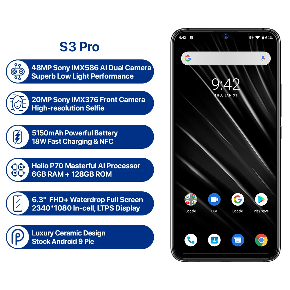 Смартфон UMIDIGI S3 PRO Android 9,0, 48 Мп+ 12 Мп+ 20 МП, 5150 мА/ч, 6 ГБ, 128 ГБ, 6,3 дюйма, FHD+ NFC, керамическая капля, глобальная версия, 4G