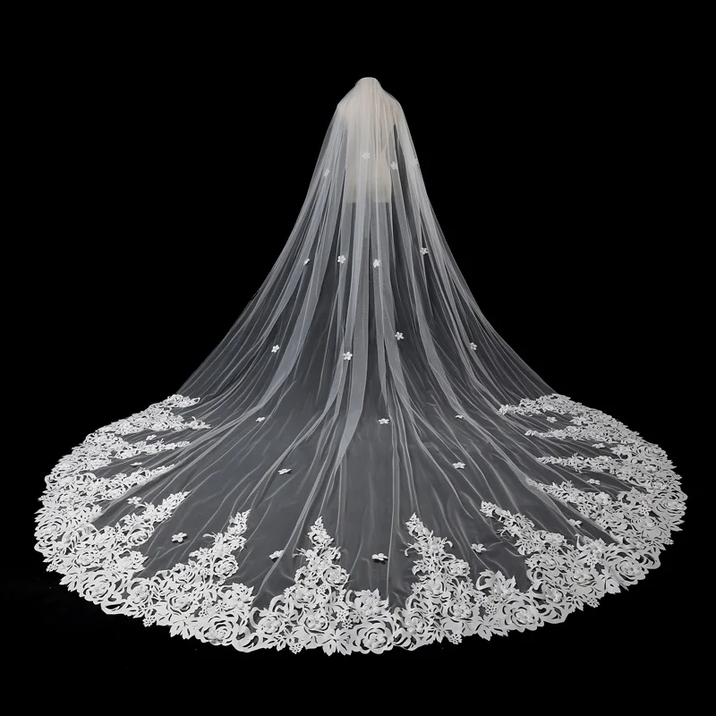 Новая натуральная белая свадебная вуаль 3x3,5 м с длинной аппликацией Мантилья Соборная Фата Свадебные аксессуары vou De Noiva реальные фотографии