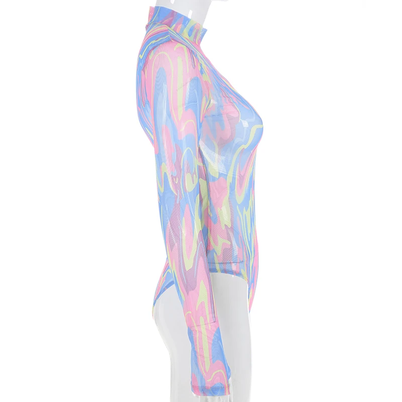 Привлекательный Цветной сексуальный сетчатый Прозрачный женский боди с длинным рукавом, трендовые товары, облегающий боди с высоким воротом