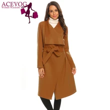 ACEVOG Autumn Classic Belted Woolen Coat Women Vintage Fashion Wrap Open Front Long Sleeve Trench Jacket