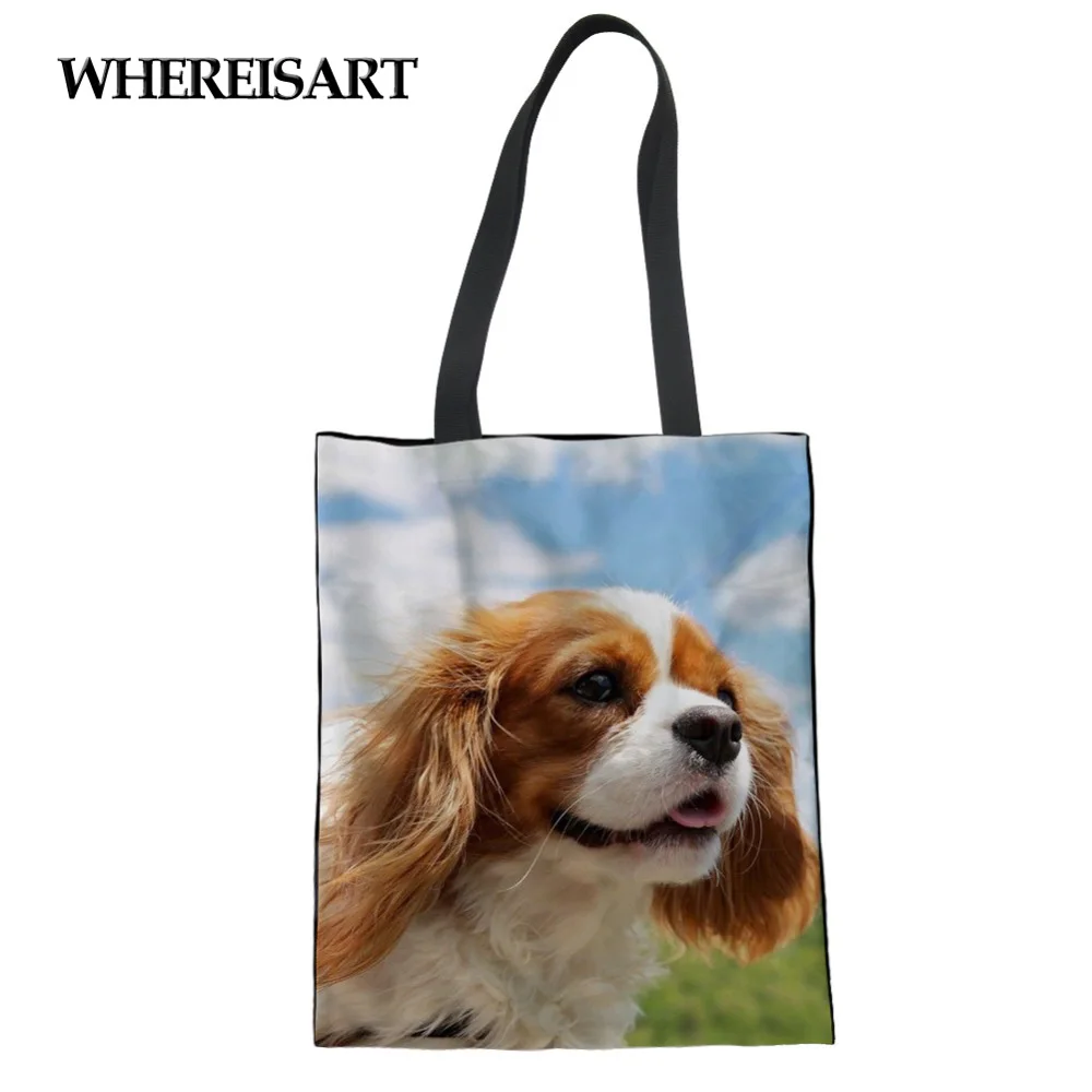 

WHEREISART Female Tote Bag For Women Shopping Charles Spaniel Pet Print Handbag Girl Canvas Custom Man Travel Lady Kawaii Dogs