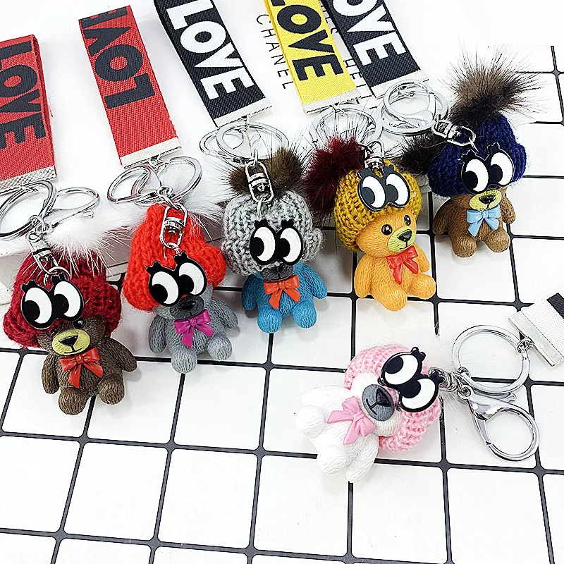 New cute resin acrylic animal bear, puppy, rabbit, color ribbon with bell cute temperament key ring pendant bag car pendant