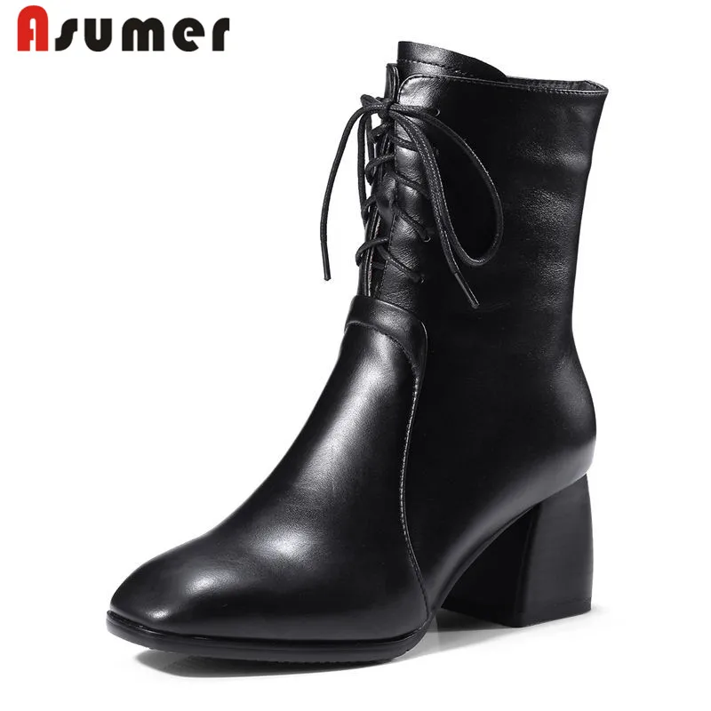 

ASUMER NEW 2020 adult solid ankle boots for women fashion winter boots thick heels square toe genuine leather boots size34-42