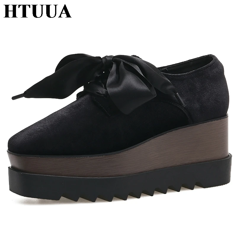 

HTUUA 2018 Autumn Creepers Platform Shoes Women Sneakers British style Black Velvet Ribbon Wedge Casual Shoes High Heels SX1597
