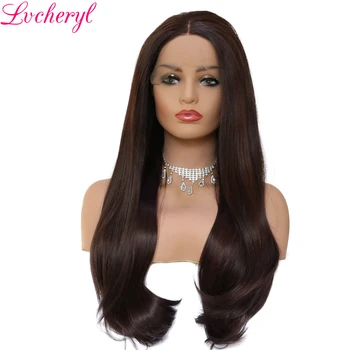 

Lvcheryl Hand Tied Ombre Highlight Brown Natural Straight Heat Resistant Fiber Hair Wigs Synthetic Lace Front Wig Middle Part