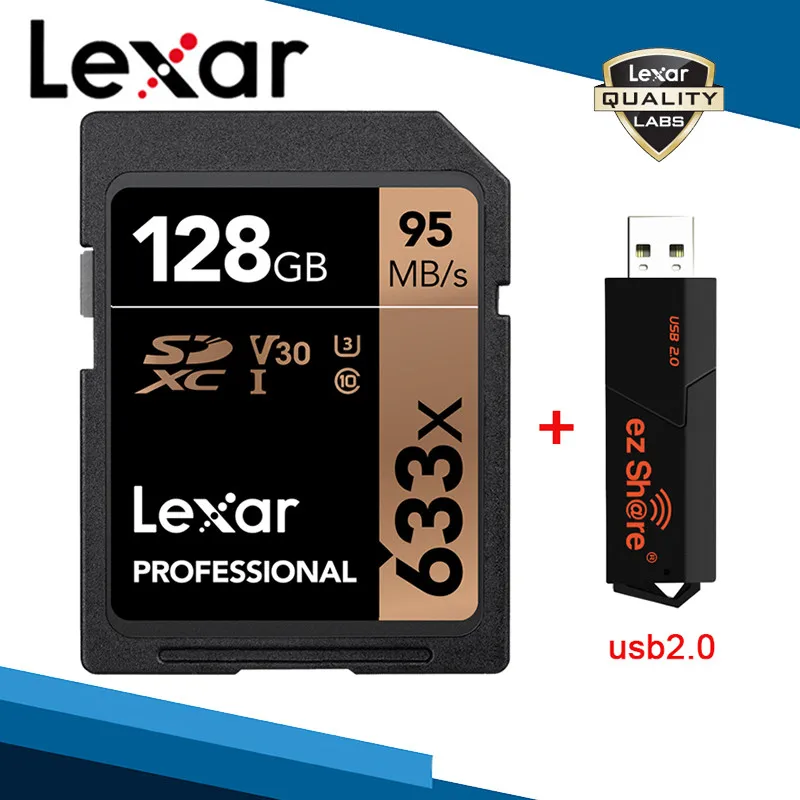 Lexar 633x SD SDXC карты памяти и ez Share кард-ридер USB 2,0 64 Гб Память 32 Гб UHS-I 512 Гб класс 10 256 ГБ V30 128 ГБ U3 карта - Емкость: 128G Card and Reader
