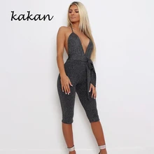 Kakan 2019 summer new women's body tights deep V-neck straps hanging neck bright silk bodysuit Kakan 2019 summer new women's body tights deep V-neck straps hanging neck bright silk bodysuit