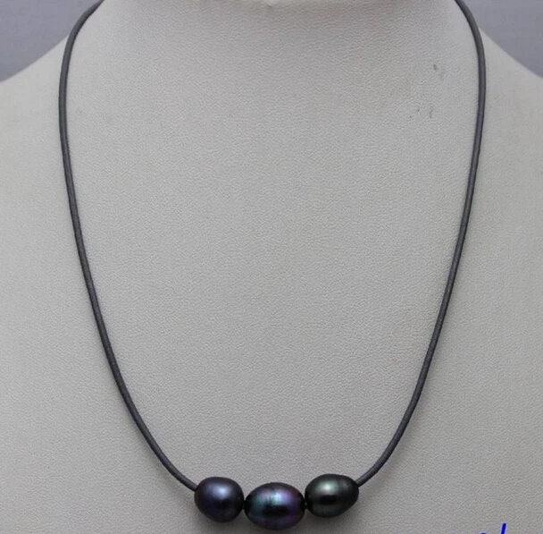 

FREE SHIPPING Gray Genuine Leather 3 black & 1 white Freshwater Pearl Necklace 17"No Metal