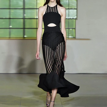 

Seamyla New Fashion Black Runway Bandage Dress Women 2020 Vestidos Evening Party Dresses Summer Sexy Sleeveless Mesh Long Dress