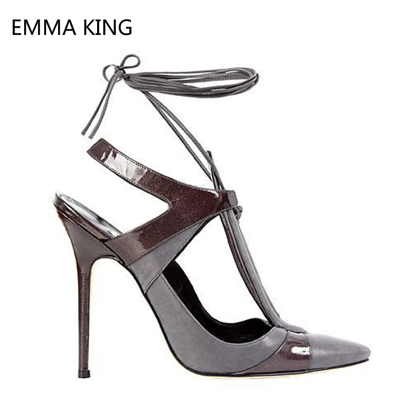 

Brown Lace-up Pumps Women Cut Out Leather Ankle Strap Slingback Shoes Sexy Stiletto High Heels Fashion Runway Ladies Party Shoes