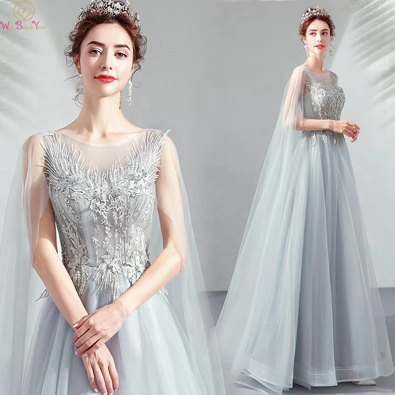 

2019 New Fashionable Appliques Prom Dresses Gray A Line Elegant Princess Lace Up Formal Evening Gowns With Long Sleeve Shawls