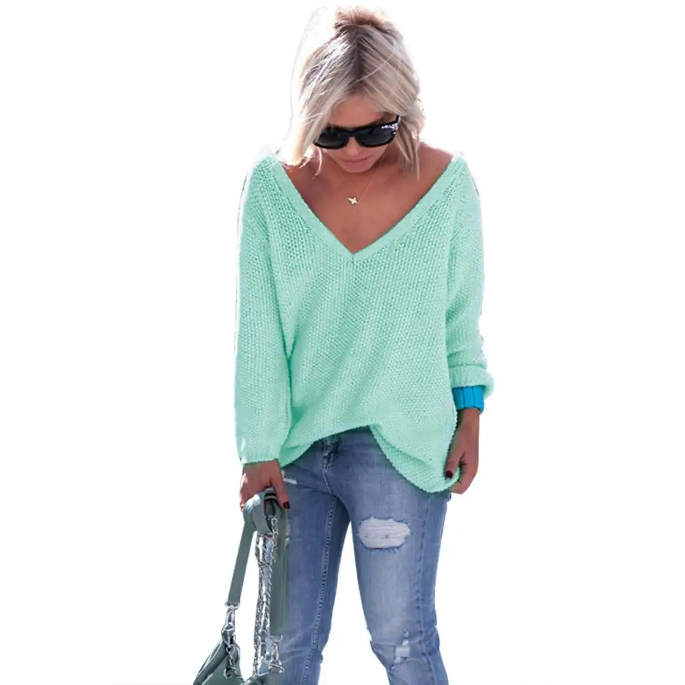 Autumn And Winter Fashionable Large Size V-Neck Loose All-Match Long Sleeve Knitted Pullover Sweater | Женская одежда