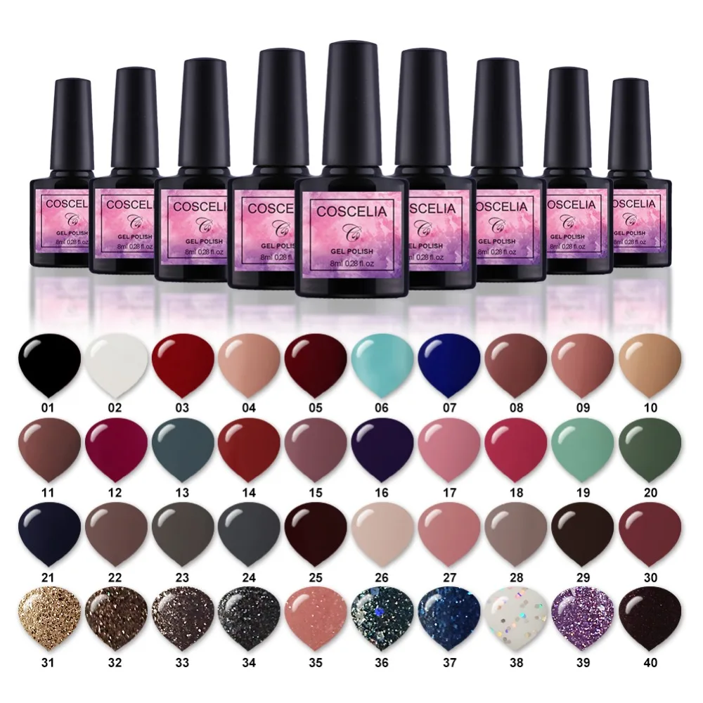 Nuevo envío gratis diseño de decoración de uñas manicura COSCELIA 40 colores 8 Ml remojo de esmalte Gel esmalte UV Gel esmalte uñas barniz Nuevo envío gratis diseño de decoración de uñas manicura COSCELIA 40 colores 8 Ml remojo de esmalte Gel esmalte UV Gel esmalte uñas barniz