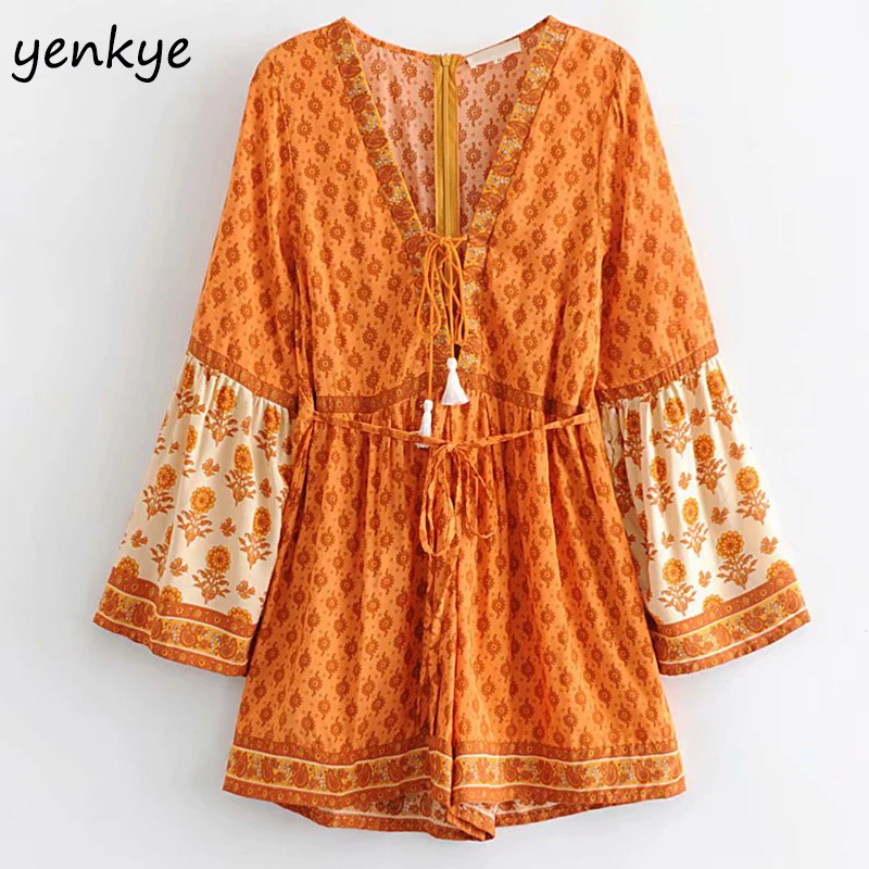 

Floral Print Holiday Summer Beach Boho Jumpsuit Lace Up V Neck Long Sleeve Casual rompers womens jumpsuit Short mono mujer