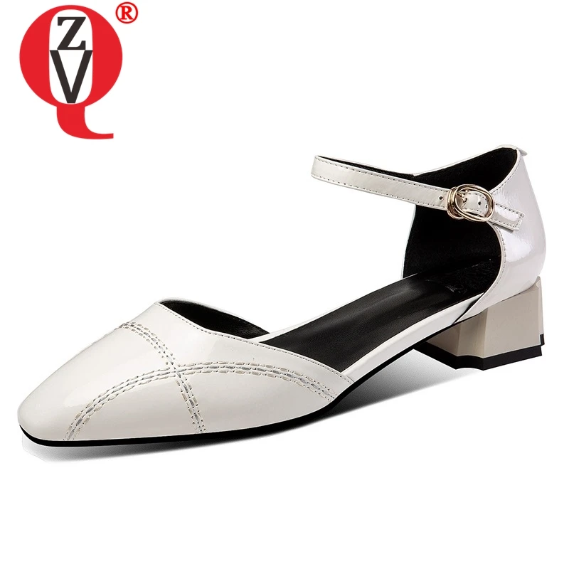 

ZVQ shoes woman spring newest fashion square toe patent leather woman pumps outside low square heel shallow buckle ladies shoes
