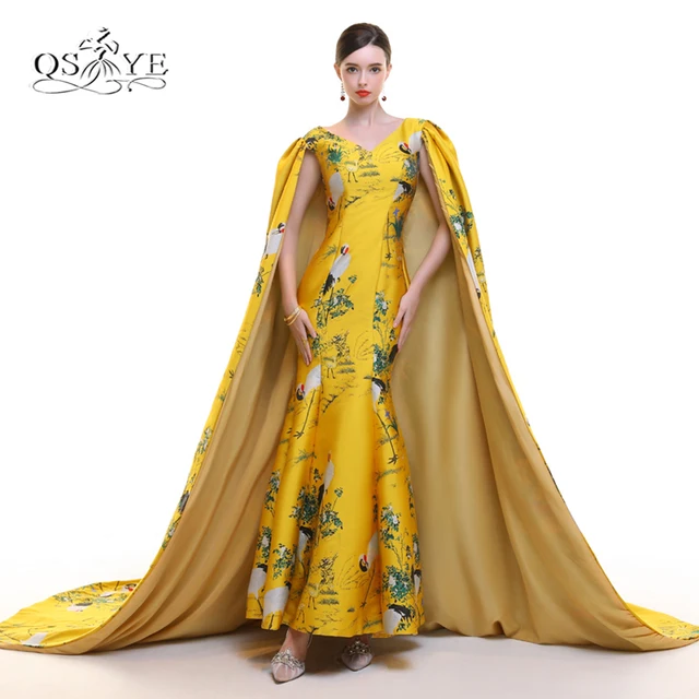 2018 New Arrival Vintage Saudi Arabia Evening Dresses With Cape V 2018 New Arrival Vintage Saudi Arabia Evening Dresses With Cape V Neck Print Embroidery Satin