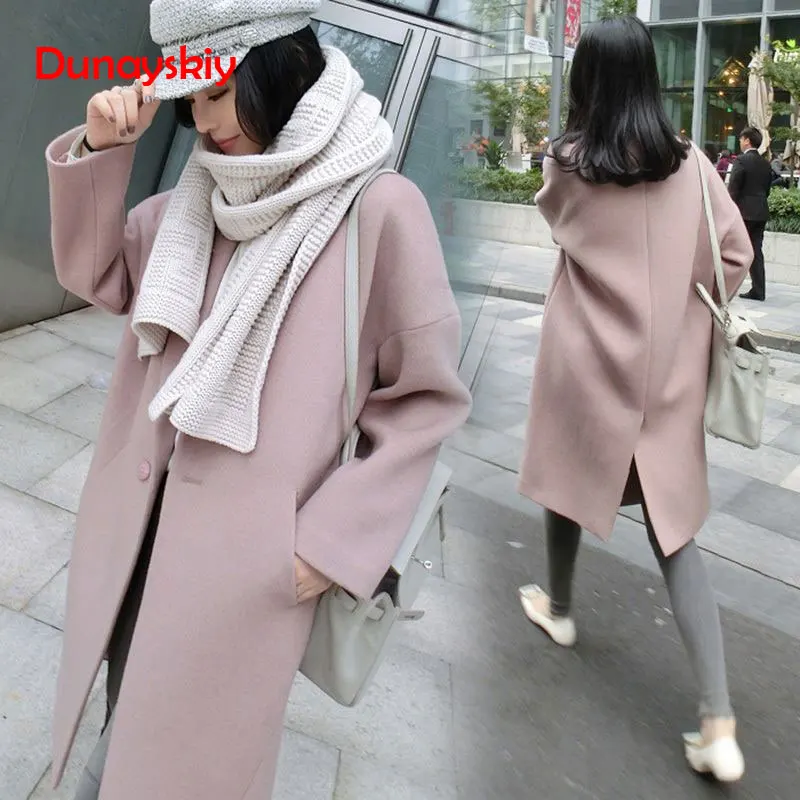 

New 2019 Spring Autumn Women Wool Blends Long Loose Female Blends Woolen Winter Warm Overcoat Ladies Fashion Casual Coats