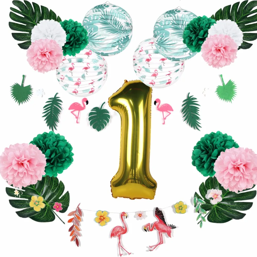 Тропический Фламинго 1st День Рождения украшения набор Листья бумажный фонарь один год Золотая Фольга Воздушный шар Гавайский Луо джунгли